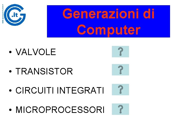 www. giuseppechiumeo. it Generazioni di Computer • VALVOLE • TRANSISTOR • CIRCUITI INTEGRATI •