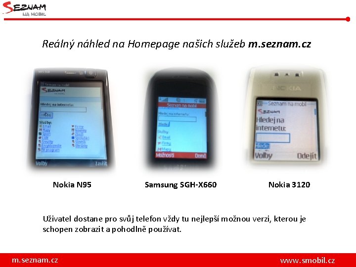 Reálný náhled na Homepage našich služeb m. seznam. cz Nokia N 95 Samsung SGH-X