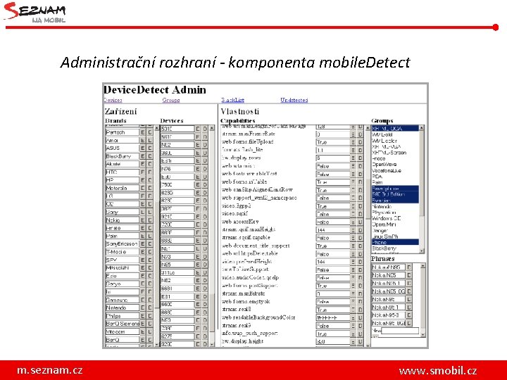 Administrační rozhraní - komponenta mobile. Detect m. seznam. cz www. smobil. cz 