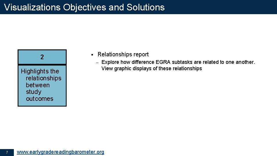 Visualizations Objectives and Solutions 2 Highlights the relationships between study outcomes 7 § Relationships