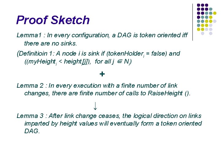 Proof Sketch Lemma 1 : In every configuration, a DAG is token oriented iff