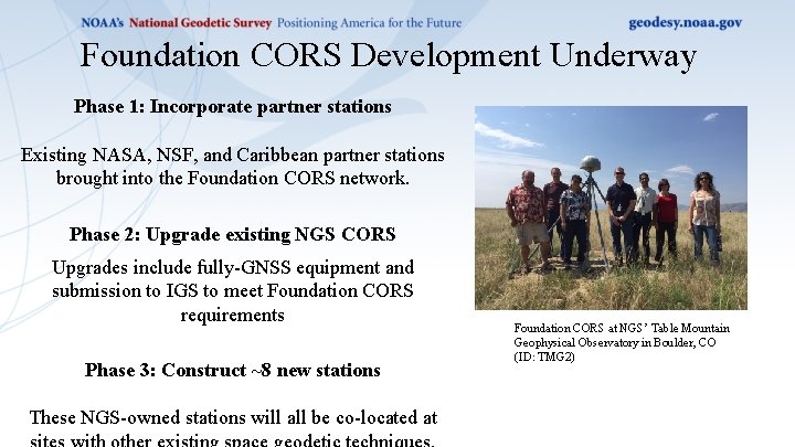 Foundation CORS Development Underway Phase 1: Incorporate partner stations Existing NASA, NSF, and Caribbean