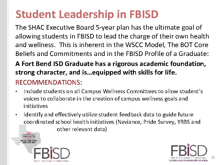 Student Leadership in FBISD The SHAC Executive Board 5 -year plan has the ultimate