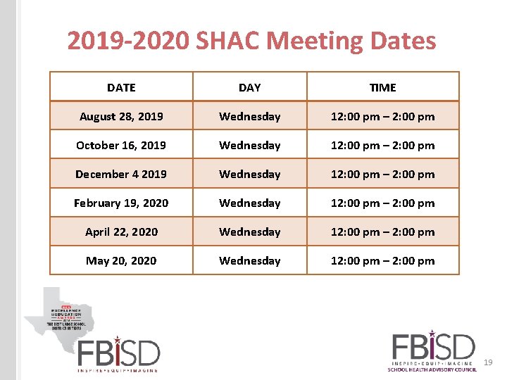 2019 -2020 SHAC Meeting Dates DATE DAY TIME August 28, 2019 Wednesday 12: 00