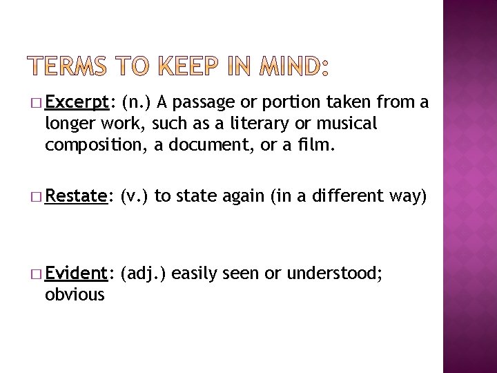 � Excerpt: (n. ) A passage or portion taken from a longer work, such