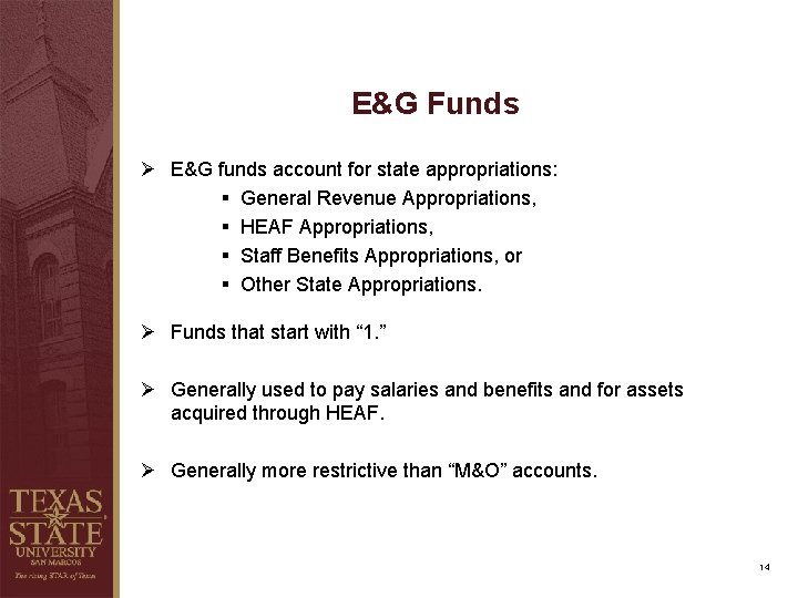 E&G Funds Ø E&G funds account for state appropriations: § General Revenue Appropriations, § E&G Funds Ø E&G funds account for state appropriations: § General Revenue Appropriations, §