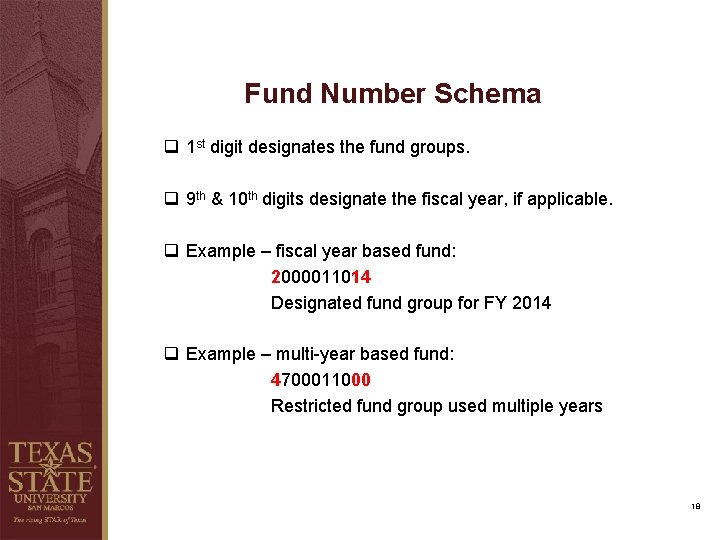 Fund Number Schema q 1 st digit designates the fund groups. q 9 th Fund Number Schema q 1 st digit designates the fund groups. q 9 th