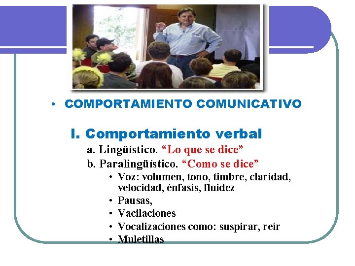  • COMPORTAMIENTO COMUNICATIVO I. Comportamiento verbal a. Lingüístico. “Lo que se dice” b.