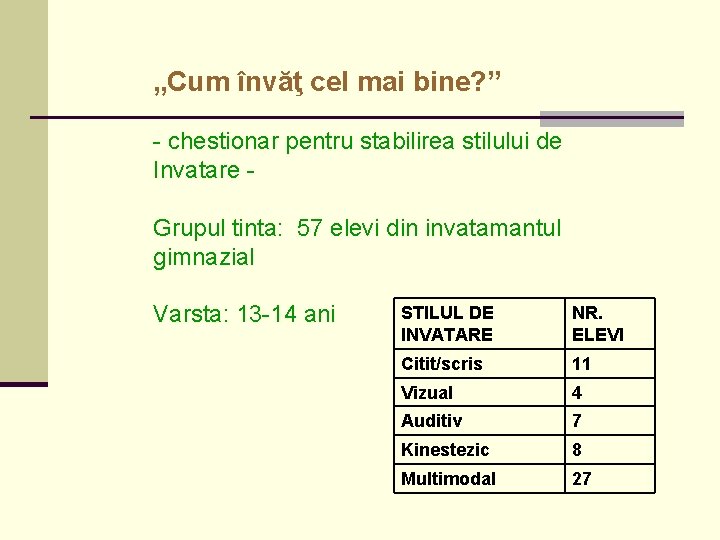 „Cum învăţ cel mai bine? ” - chestionar pentru stabilirea stilului de Invatare Grupul