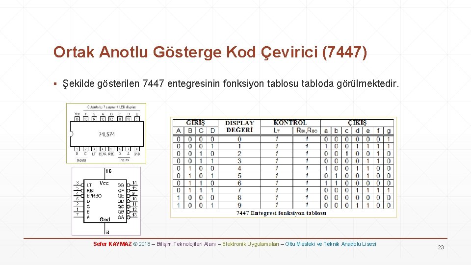 Ortak Anotlu Gösterge Kod Çevirici (7447) ▪ Şekilde gösterilen 7447 entegresinin fonksiyon tablosu tabloda