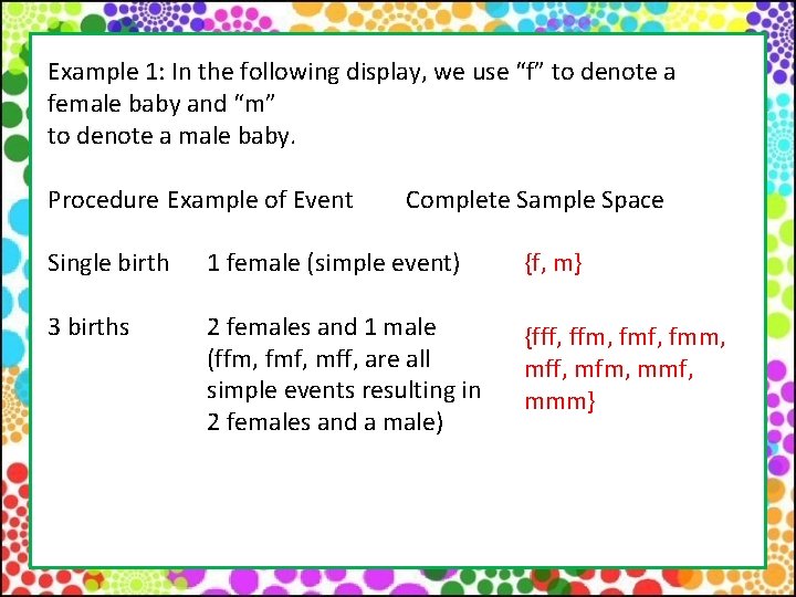 Example 1: In the following display, we use “f” to denote a female baby