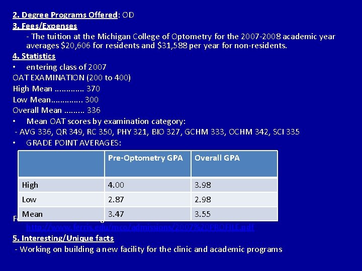 2. Degree Programs Offered: OD 3. Fees/Expenses - The tuition at the Michigan College