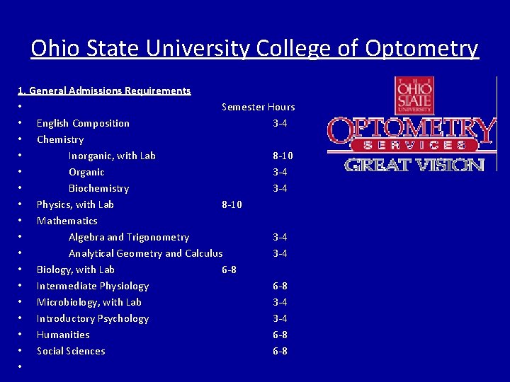 Ohio State University College of Optometry 1. General Admissions Requirements • Semester Hours •