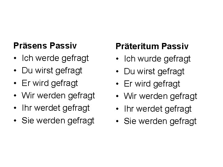 Präsens Passiv • Ich werde gefragt • Du wirst gefragt • Er wird gefragt