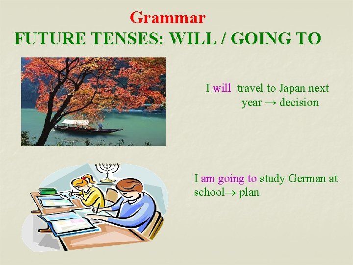 Grammar FUTURE TENSES: WILL / GOING TO I will travel to Japan next year