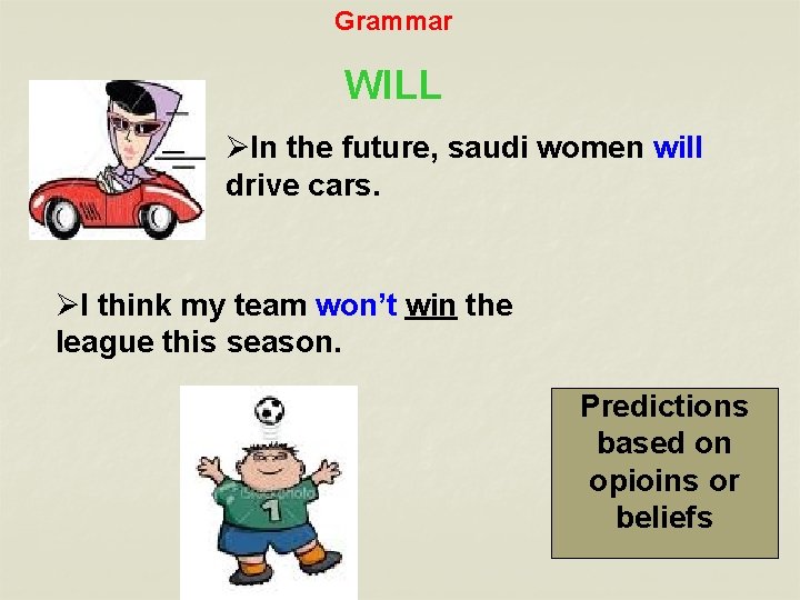 Grammar WILL ØIn the future, saudi women will drive cars. ØI think my team