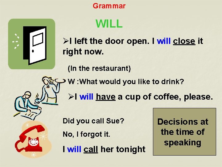 Grammar WILL ØI left the door open. I will close it right now. (In