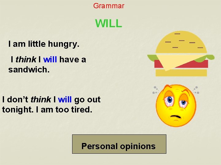 Grammar WILL I am little hungry. I think I will have a sandwich. I