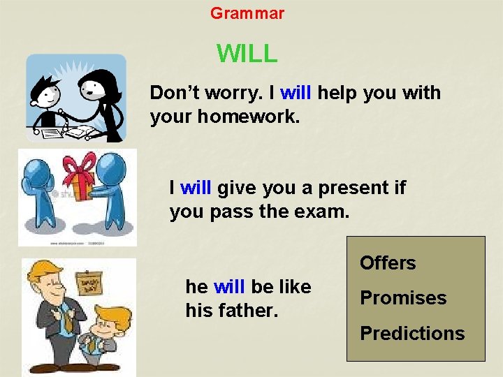 Grammar WILL Don’t worry. I will help you with your homework. I will give