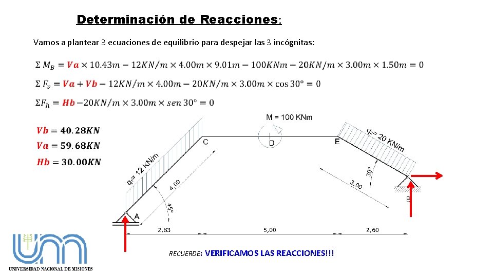 Determinación de Reacciones: Vamos a plantear 3 ecuaciones de equilibrio para despejar las 3