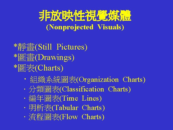 非放映性視覺媒體 (Nonprojected Visuals) *靜畫(Still Pictures) *圖畫(Drawings) *圖表(Charts) ．組織系統圖表(Organization Charts) ．分類圖表(Classification Charts) ．編年圖表(Time Lines) ．明析表(Tabular