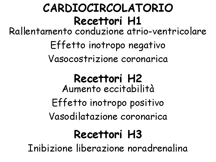 CARDIOCIRCOLATORIO Recettori H 1 Rallentamento conduzione atrio-ventricolare Effetto inotropo negativo Vasocostrizione coronarica Recettori H