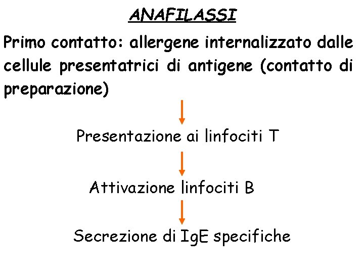 ANAFILASSI Primo contatto: allergene internalizzato dalle cellule presentatrici di antigene (contatto di preparazione) Presentazione