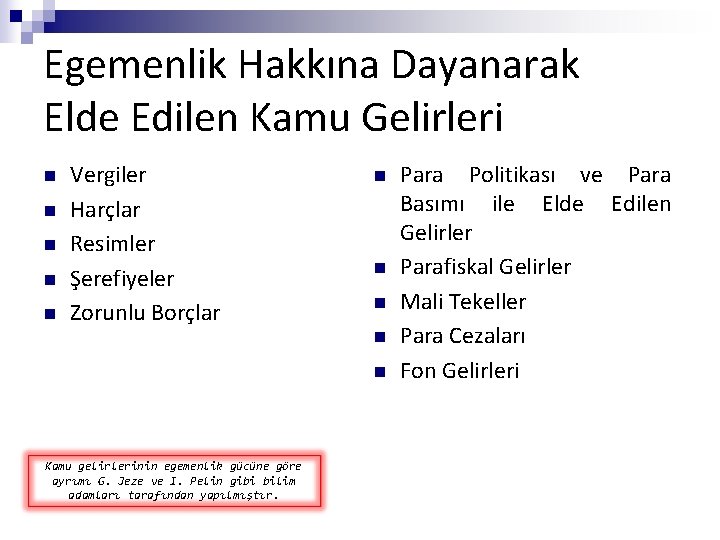 Egemenlik Hakkına Dayanarak Elde Edilen Kamu Gelirleri n n n Vergiler Harçlar Resimler Şerefiyeler