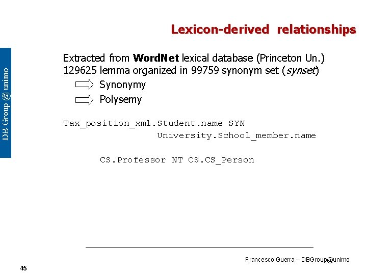 Lexicon-derived relationships Extracted from Word. Net lexical database (Princeton Un. ) 129625 lemma organized