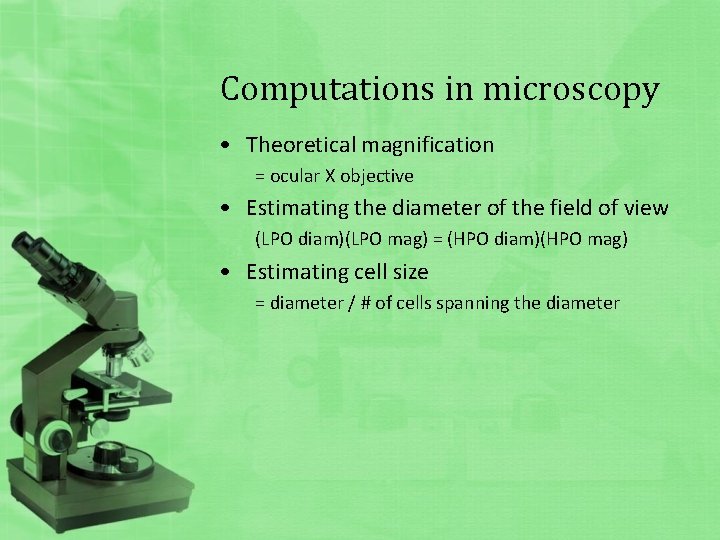 Computations in microscopy • Theoretical magnification = ocular X objective • Estimating the diameter