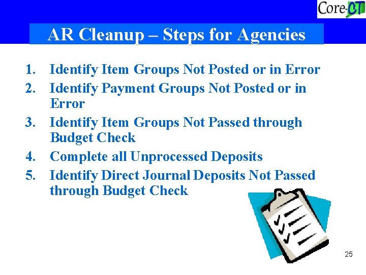 AR Cleanup – Steps for Agencies 1. Identify Item Groups Not Posted or in