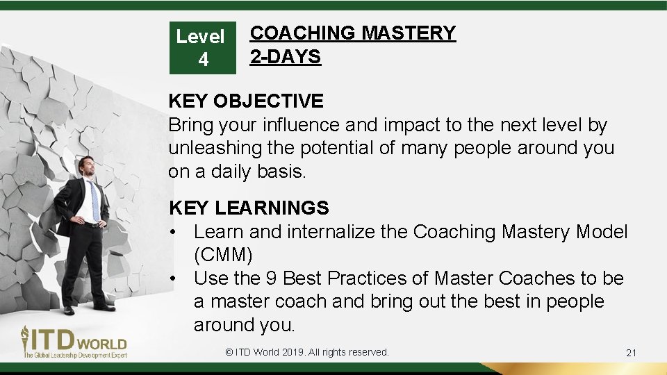 Level 4 COACHING MASTERY 2 -DAYS KEY OBJECTIVE Bring your influence and impact to Level 4 COACHING MASTERY 2 -DAYS KEY OBJECTIVE Bring your influence and impact to