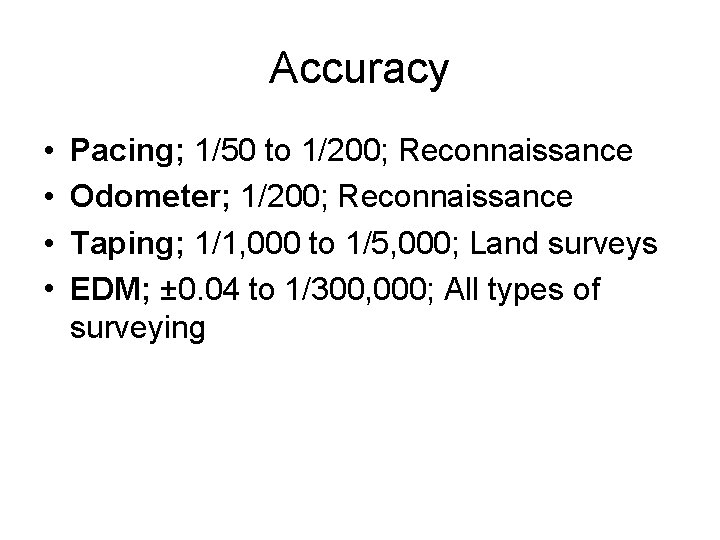Accuracy • • Pacing; 1/50 to 1/200; Reconnaissance Odometer; 1/200; Reconnaissance Taping; 1/1, 000 Accuracy • • Pacing; 1/50 to 1/200; Reconnaissance Odometer; 1/200; Reconnaissance Taping; 1/1, 000