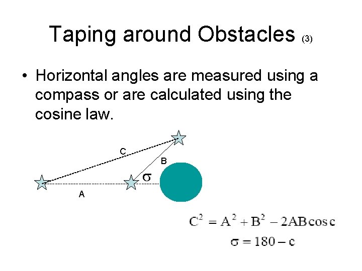 Taping around Obstacles (3) • Horizontal angles are measured using a compass or are Taping around Obstacles (3) • Horizontal angles are measured using a compass or are