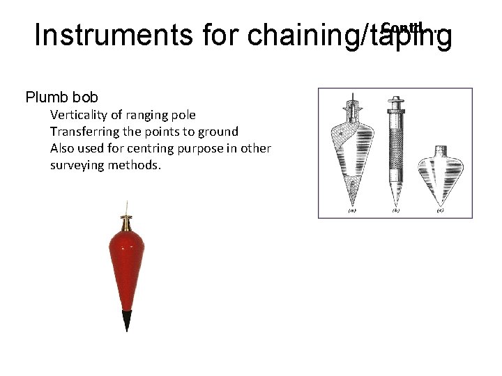 Instruments for chaining/taping Contd…. Plumb bob Verticality of ranging pole Transferring the points to Instruments for chaining/taping Contd…. Plumb bob Verticality of ranging pole Transferring the points to