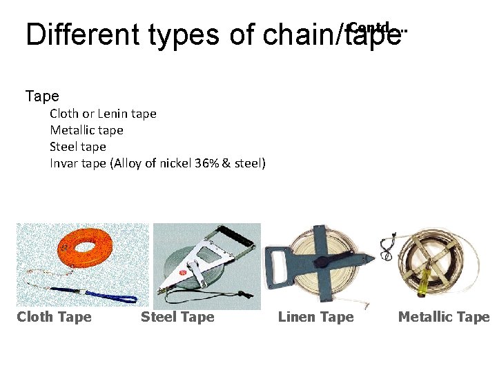 Different types of chain/tape Contd…. Tape Cloth or Lenin tape Metallic tape Steel tape Different types of chain/tape Contd…. Tape Cloth or Lenin tape Metallic tape Steel tape