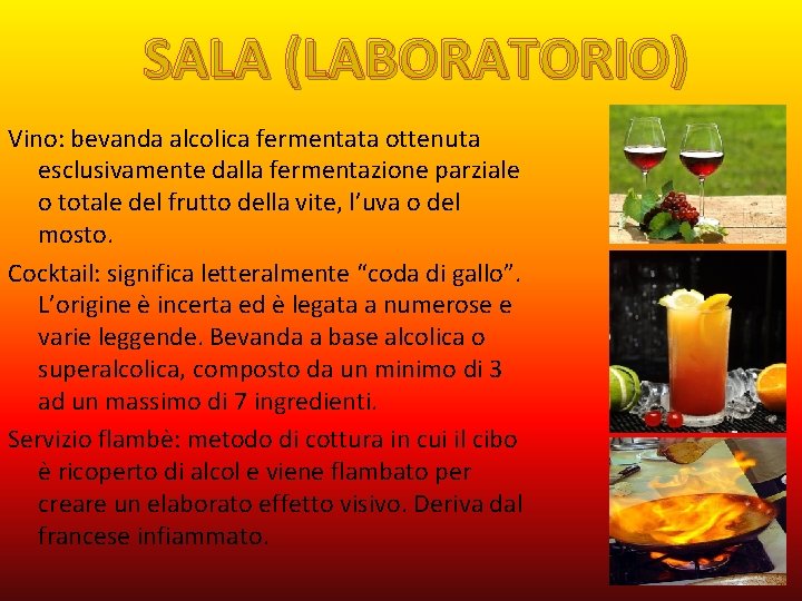 SALA (LABORATORIO) Vino: bevanda alcolica fermentata ottenuta esclusivamente dalla fermentazione parziale o totale del