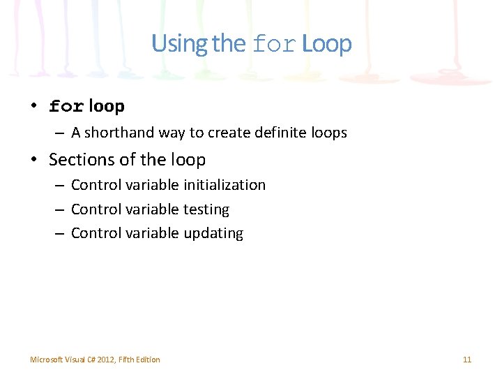 Using the for Loop • for loop – A shorthand way to create definite