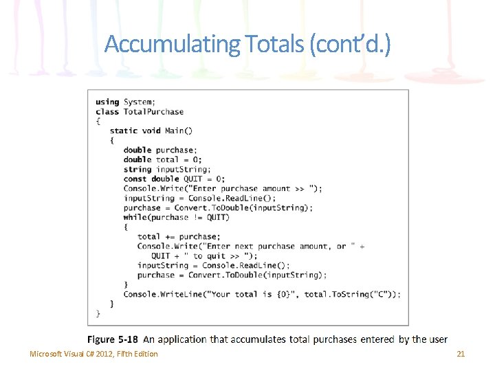 Accumulating Totals (cont’d. ) Microsoft Visual C# 2012, Fifth Edition 21 