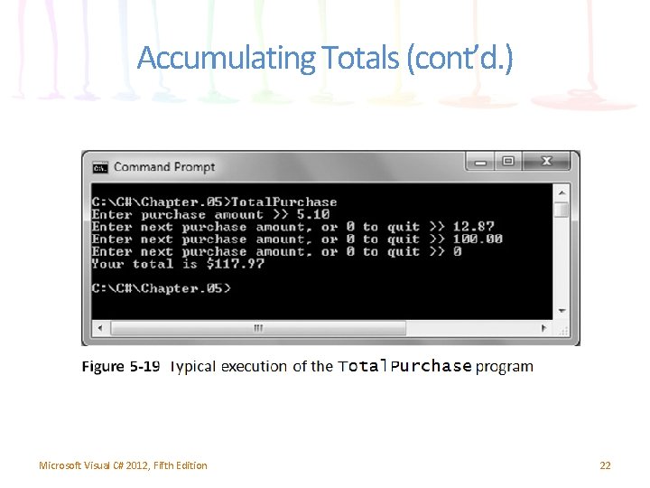 Accumulating Totals (cont’d. ) Microsoft Visual C# 2012, Fifth Edition 22 