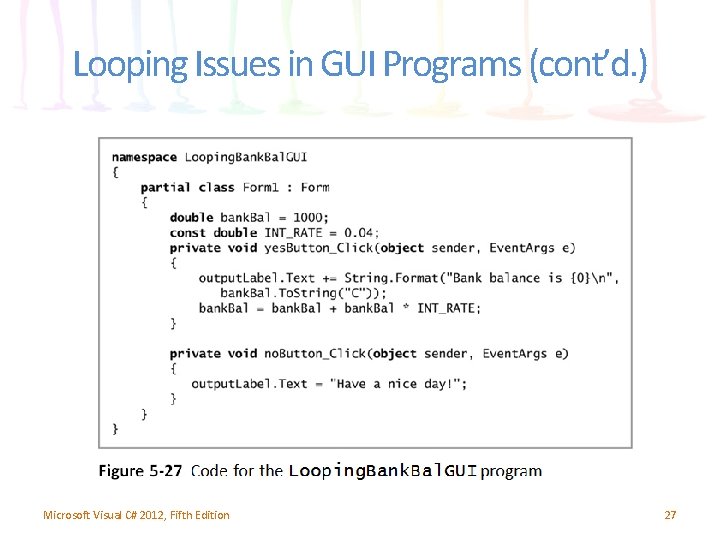 Looping Issues in GUI Programs (cont’d. ) Microsoft Visual C# 2012, Fifth Edition 27