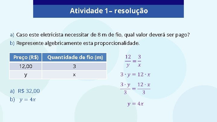 Atividade 1 – resolução a) Caso este eletricista necessitar de 8 m de fio,