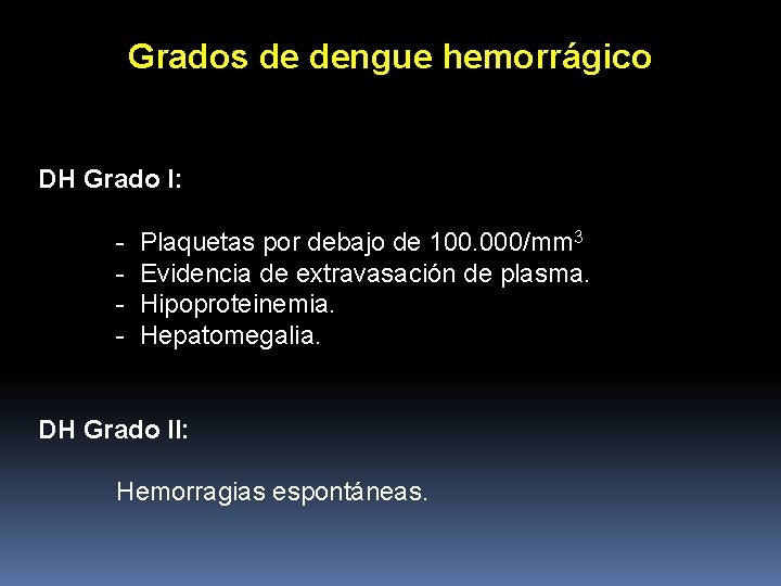 Grados de dengue hemorrágico DH Grado I: - Plaquetas por debajo de 100. 000/mm Grados de dengue hemorrágico DH Grado I: - Plaquetas por debajo de 100. 000/mm