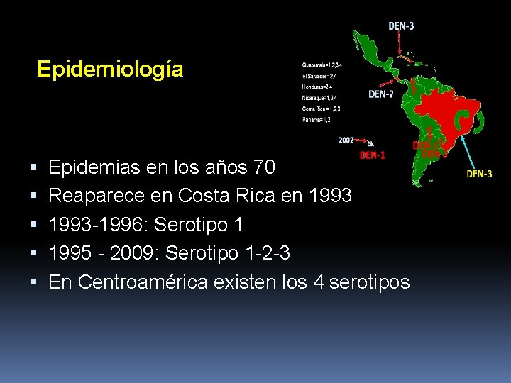 Epidemiología Epidemias en los años 70 Reaparece en Costa Rica en 1993 -1996: Serotipo Epidemiología Epidemias en los años 70 Reaparece en Costa Rica en 1993 -1996: Serotipo