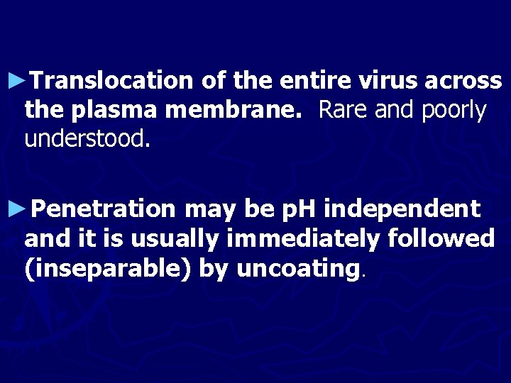 ►Translocation of the entire virus across the plasma membrane. Rare and poorly understood. ►Penetration