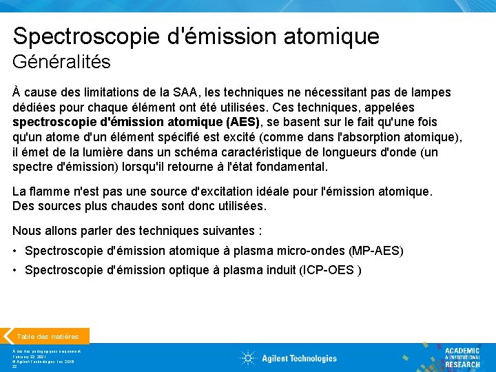 Spectroscopie d'émission atomique Généralités À cause des limitations de la SAA, les techniques ne