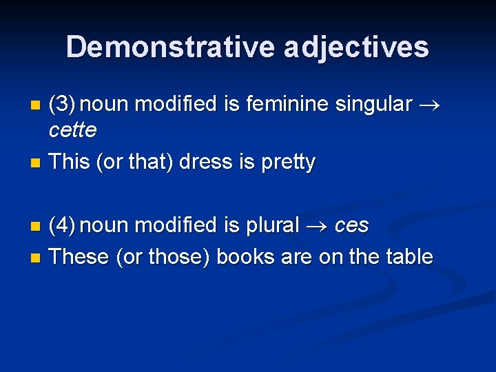 Demonstrative adjectives (3) noun modified is feminine singular cette n This (or that) dress