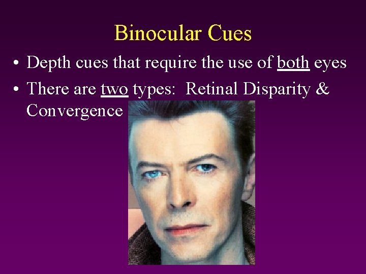 Binocular Cues • Depth cues that require the use of both eyes • There