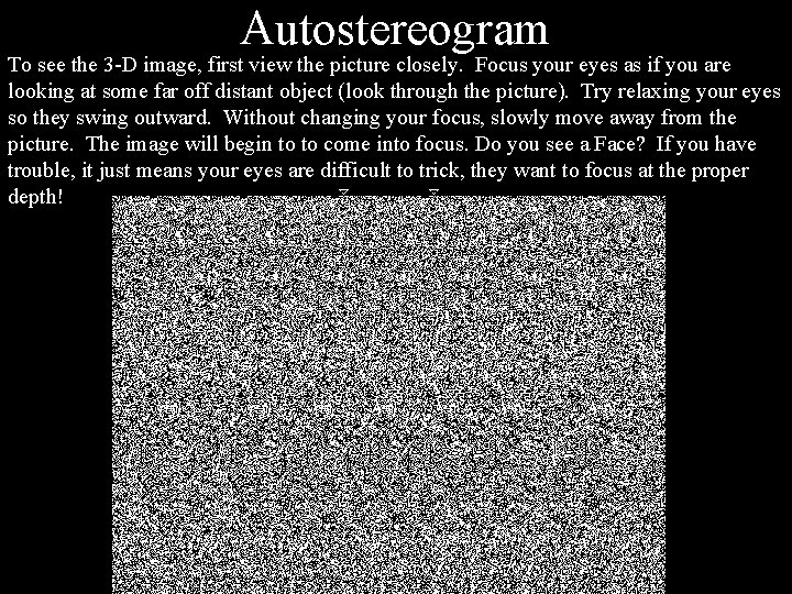 Autostereogram To see the 3 -D image, first view the picture closely. Focus your