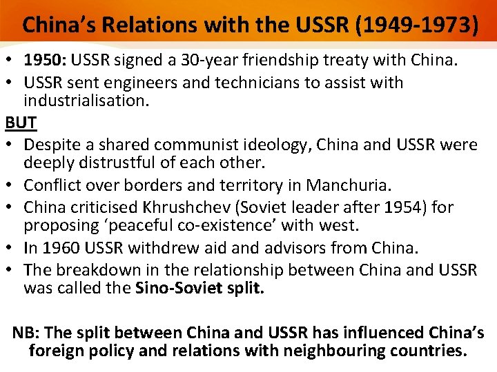 China’s Relations with the USSR (1949 -1973) • 1950: USSR signed a 30 -year China’s Relations with the USSR (1949 -1973) • 1950: USSR signed a 30 -year